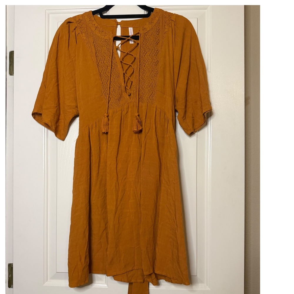 Xhilaration Womens Boho Lace Up Crochet Mini Dress Mustard Orange Tassel Small